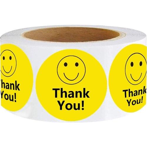 Circle Adhesive Stickers Thank You Smiley Face Happy Stickers 500 Adhesive Labels Per Roll as promotional label or package label
