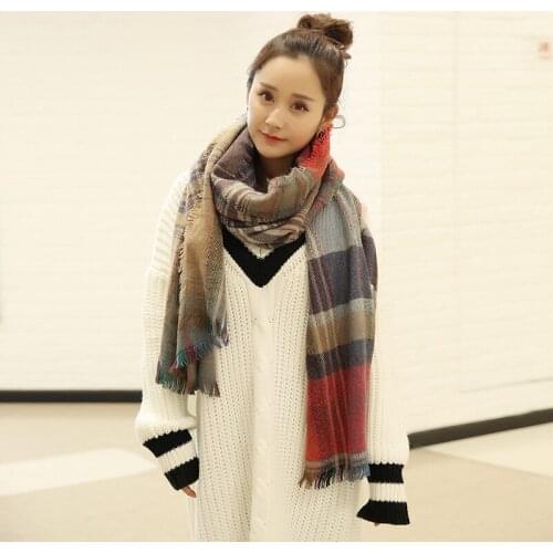 Mingjiebihuo Autumn and winter New Korean version of multicolor plaid tassel scarf warm women girls fashion shawl