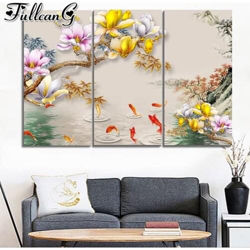FULLCANG Colorful peony flower carp diy full square round drill large triptych 5d diamond painting mosaic embroidery kit FC2481