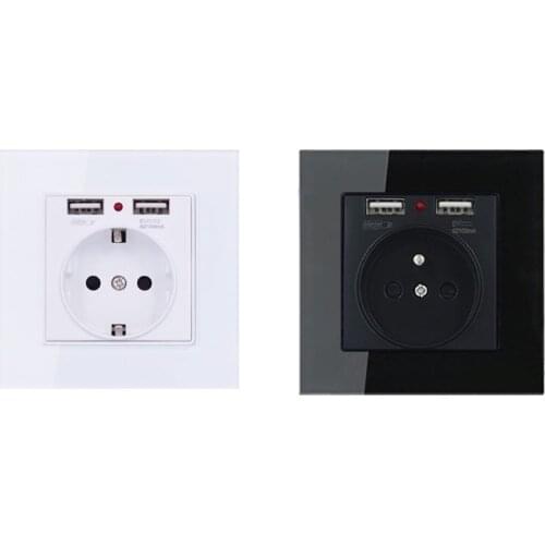 EU Standard Wall Electrical Power Socket with Dual Usb Ports Tempered Glass