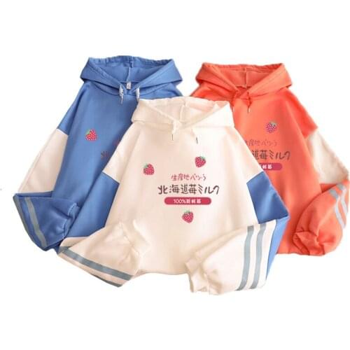Autumn Winter Fleece Hokkaido Strawberry Milk Pullover Thick Loose Women Hoodies Hot Harajuku Contrast Color Sweatshirt Female