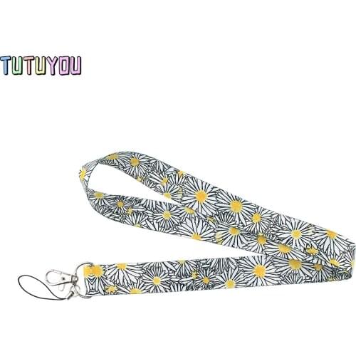 PC2185 High Quality Small White Daisies Painting Art Key Chain Lanyard Neck Strap For Phone Keys ID Card Creative Lanyards