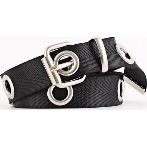 OLOME Fashion Student Girl Canvas Waist Belts Red Black Ring Silver Buckle Bright Eyelet Belt Woman Punk Dresses Jeans Belt