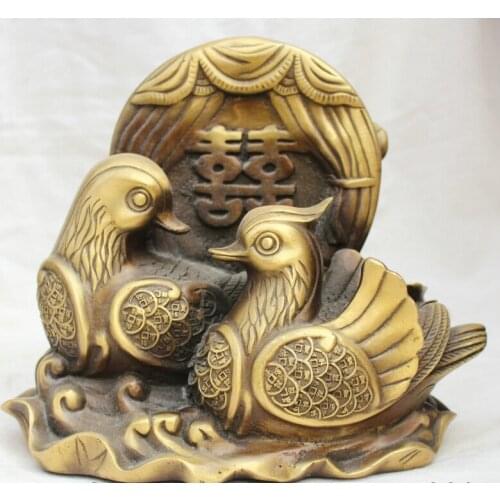 S5755 9" Chinese Fengshui Copper mandarin duck Coin Wealth Double happiness Statue D0318