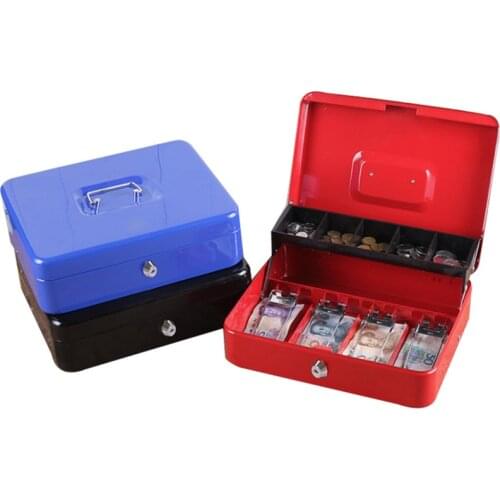 Cash Box with Key or Combination Lock Large Metal Cash Box for Safe Storage Cash with 5 Coin Compartments ,4 Bills Spring Clips