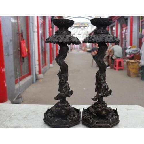 Old China Royal Bronze Liu Hai Toad Candle Holder Candlestick Candler Pair