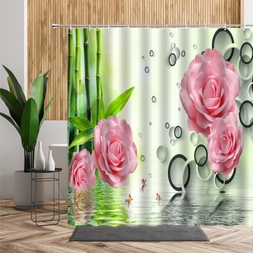 Spring Flower Chinese Bath Shower Curtain Bamboo Floral Printed Bathroom Decor 3D Creative Background Wall Cloth Hanging Curtain