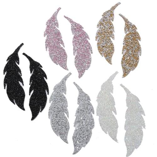 Rhinestones Leaves Feather Embroidered Patch Iron on Sewing Crystal Applique For Jeans Clothing Decorations Sticker Clothes