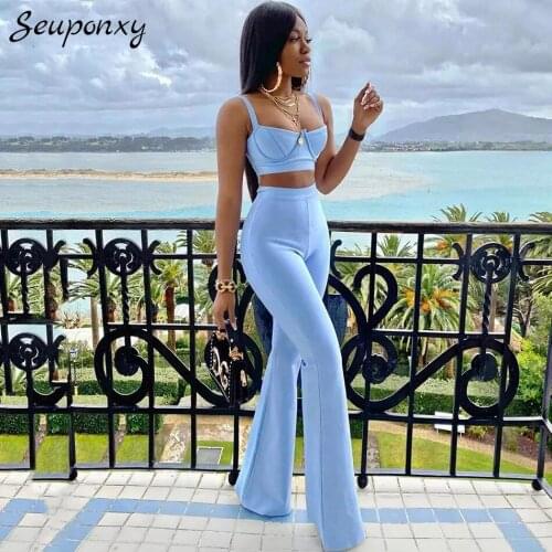 High Quality 2021 Summer Bodycon Bandage 2 Two-Piece Set Sexy Sleeveless Corset And High Waist Flared Pants Club Party Set