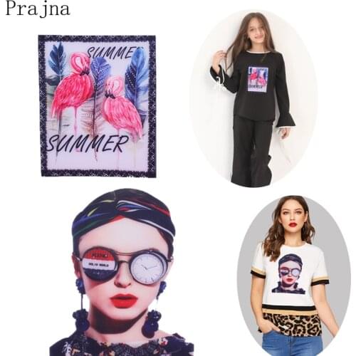 Prajna Rhinestone Beaded Patch Large Flamingo Fashion Girl Patch Printed Sew On Patches For Clothes Stickers DIY Tshirt Applique