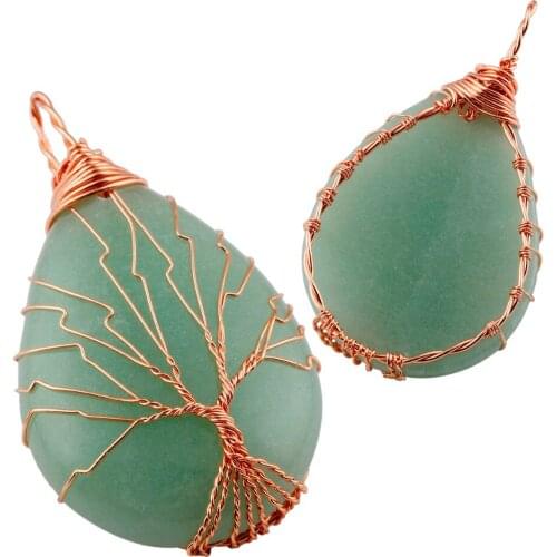 SUNYIK Green Aventurine Teardrop Gem stone Copper Wire Wrapped Tree of Life Pendant,Healing Jewelry