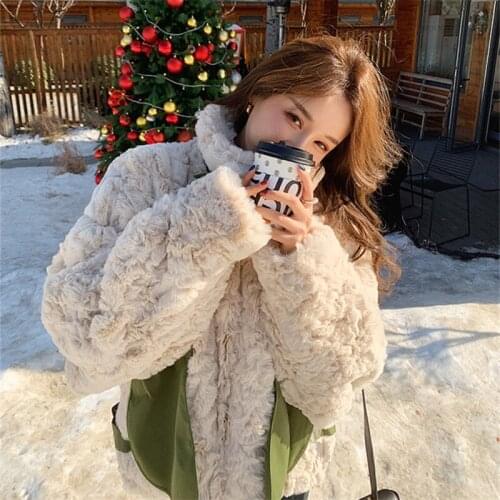 2021 Winter Thick Warm Rabbit Fur Jacket Coat Women Korean Pocket Splicing Outwear Stand Collar Faux Fur Jacket Female Overcoat