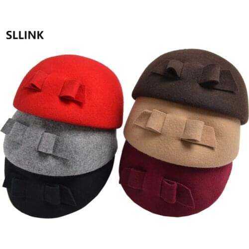 Womens autumn and winter new wool European and American felt hat bow Beret elegant temperament