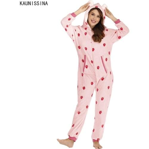 Women Onesies Winter Flannel Sleepwear for Adults Long Sleeve Hooded Homewear Plus Size Pajamas Female Loose Loungewear Playsuit
