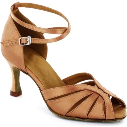 2021 Women Dance Shoes Customized Heel Brown Satin Practice Dance Shoes For Latin Salsa Dancing