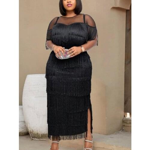 Women Black Tassel Long Dress Patchwork Mesh See Through Party Celebrate Event Tight Summer Bodycon Sexy Prom Occasion Robes New