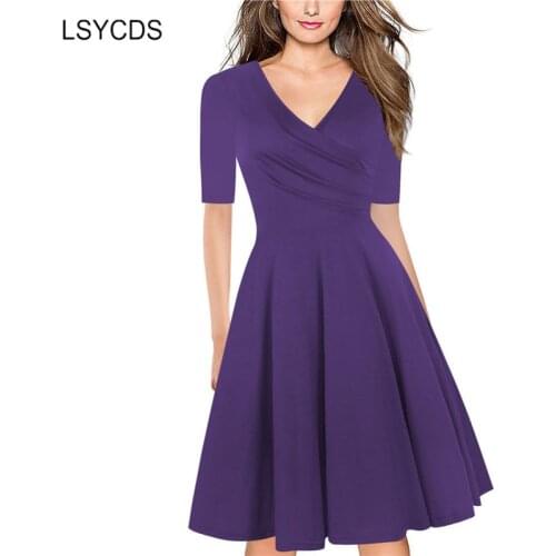 LSYCDS Sexy Women Dress Formal V Neck Half Sleeve Casual Office Bodycon Knee Length A-line Dresses Audrey Hepburn 50s Vestidos