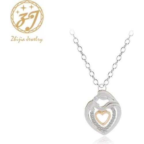 Zhijia Heart Shaped Mom And Baby Necklaces Son Daughter Crystal Rhinestone Pendant Necklace For Women jewelry gift