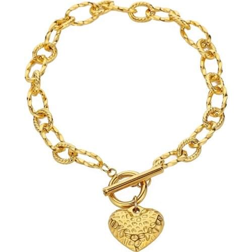 ZV Boho Titanium Steel Love Heart Bracelet Woman Pendant Charm Chain Gold-plated Hammer Pattern Thick Chain Bracelet Fashion