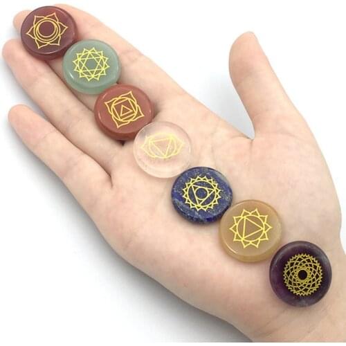 7 PCS/set Chakra Natural Stones beads with Clear Quartzs for Jewelry Making Supplies 25mm Engraved Symbols Polished Palm Stone