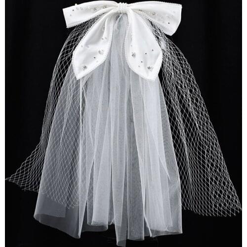 White Bow Veil Imbroidery Satin Barrettes Retro Women Girls Headpieces Headdress Wedding Accessories Fascinators for Weddings