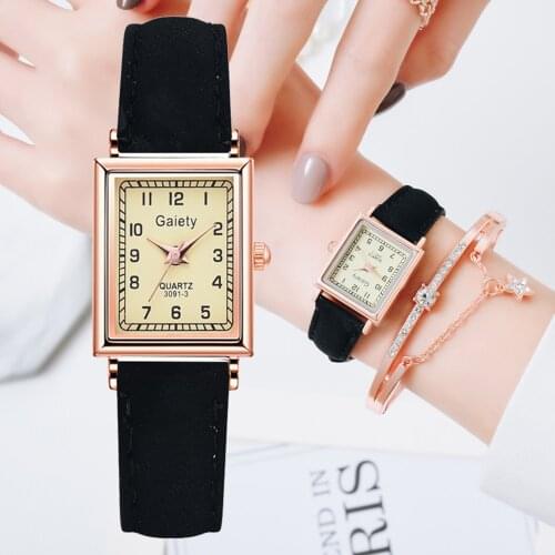 Watch Women Fashion Casual Leather Watches Simple Ladies' Square Dial Quartz Clock Dress Wristwatches Bracelet Set reloj mujer