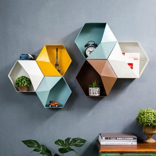 Colour Hexagonal Hanging Shelf Modern Personalized Geometry Pattern Living Room Wall Decore Sundry Storage Holders Crafts