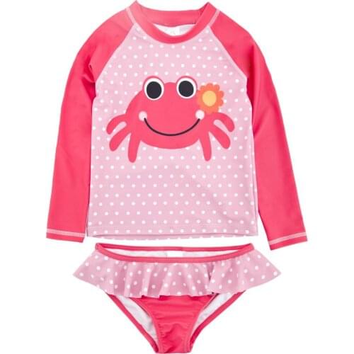 Kavkas Children Girl Swimwear Two Piece Long Sleeve Sunscreen Kids Swimsuit 1-8 Years Cute Printed Bath Girls Clothing
