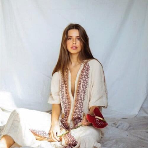 DUISNENA boho dress v-neck creamy vintage floral embroidery women dresses tassel plus size casual lantern robe mujer vestidos