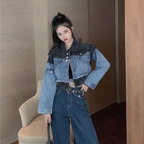 Fashion Women Patchwork Denim Jacket Korean Style Casual Loose Short Jean Coats Tops Ladies Streetwear Long Sleeve Outerwear