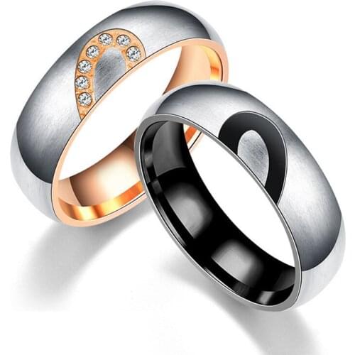 Jiale 6mm Stainless Steel Simple and Half Heart Wedding Ring Inlaid Zircon Couple Rings for Women Men Engagement Gift Jewelry