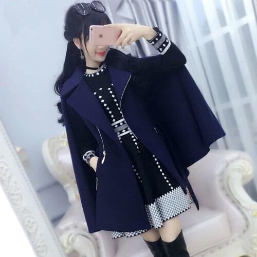 Women Jacket Coats England Turn-down Collar Bat Sleeved Zipper Sashes Cloak Woolen Thick Warm New Loose Outerwear