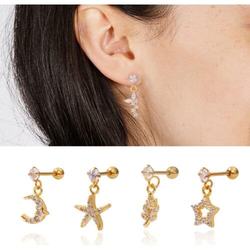 New 1Pc Gold And Silver Color Hoop With Small Cz Dangle Earrings Heart Moon Star Dainty Tiny Earring Ear Piercing Jewelry