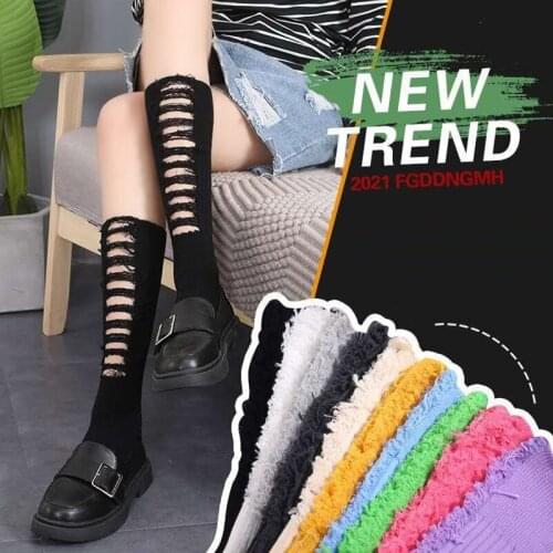 New Women Hole Socks Individual Fashion Korean Trend Student Girl Female Broken Destroyed High Street Knit Ripped Footwear Socks