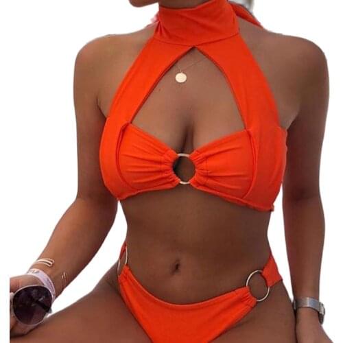 New Orange Bikini Set Solid Color Swimsuit Womens Bandage Swimsuit Two Piece Bikini Suit Beach Biquinis