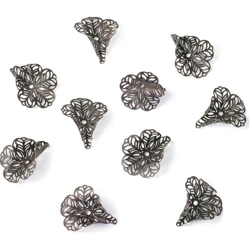 PandaHall 100pc 2 Colors 3-Petal Flower Brass Metal Bead Caps for Jewelry DIY Findings Antique Bronze Silver Color 29x24mm