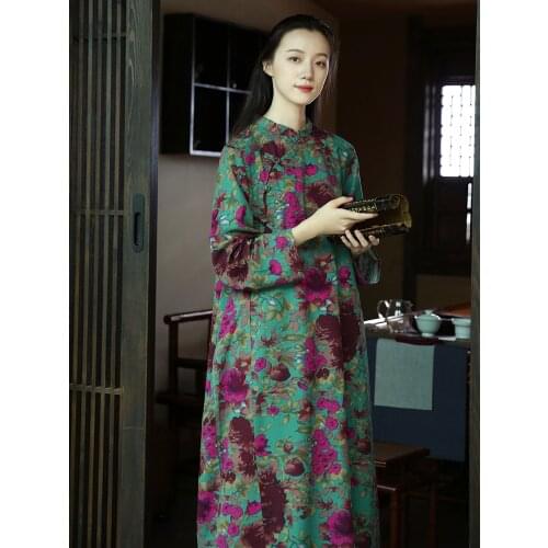 Traditional Frog Button Loose Long Green Floral Women Cotton Linen Dress, Elegant Spring Autumn Red Flowers Print Mid Thick Robe
