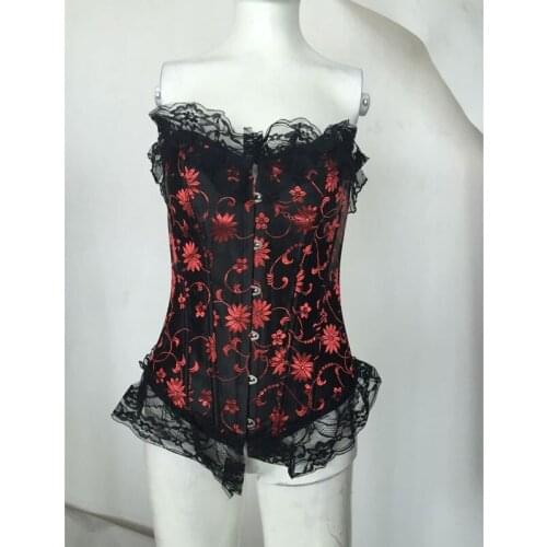 Sexy steel bone corset overbust body shaper black and red floral embroidery type lingerie Gothic women shaper m1659