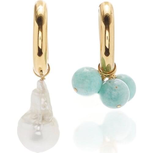 Fashion High Quality Baroque Pearl Earrings Asymmetric Design Delicate Women Dangle Accessories Blue Stone Pendant Earring