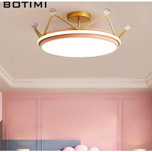 Crown Shaped Kids LED Ceiling Lights With Remote For Childern Bedroom Modern Golden Pink Blue Surface Mounted Boys Girls Lamps