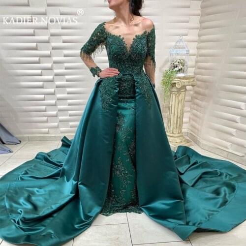 Dark Green Detachable Train Mermaid Evening Dresses Long Sleeve Tassel Beading Satin Arabic Dubai Formal Gown