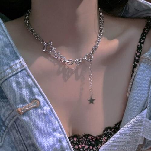 U-Magical Textured Double Layer Asymmetry Star Tassel Metal Pendant Necklace for Women Hollow Rhinestone Chain Necklace Jewelry