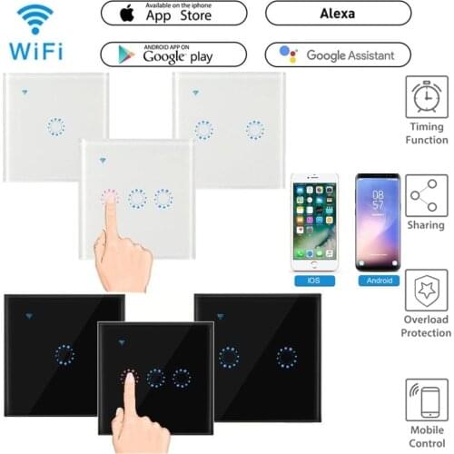 Smart Wifi Wall Touch Switch 1 2 3 Gang Glass Panel Wall Light Switch EU / UK Standard Black Ewelink APP Support Alexa Google Ho
