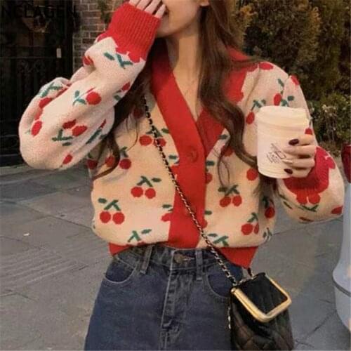 NCLAGEN Vintage Cherry Jacquard Cardigans Knitwear Sweater Women Long Sleeve Casual Outwear V Neck Aesthetic Cardigan Sweaters