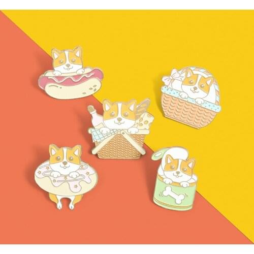 Yellow dog Donut basket bone dog cute Pink Bow Cute Pet Series brooch pin enamel Bag accessories Jewelry Gifts for students