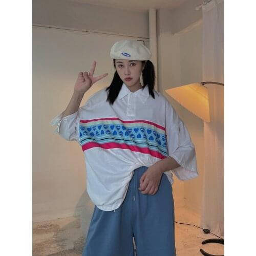 Retro Street oversize loose short sleeve T-shirt womens summer personalized stripe stitching Top Fashion tees