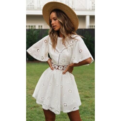 Women Clother Summer Dress, Female Casual Solid Color Hollow-Out Crochet Short Trumpet Sleeve Backless Vestidos for Girls, White