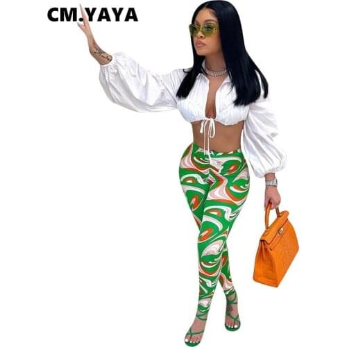 CM.YAYA Women Set Full Puff Sleeve Bandage Crop Tops Stretchy Bodycon Pencil Pants Two 2 Piece Sets Casual Fashion Outfit Fall