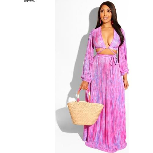 2019 women long sleeve stripes deep v-neck tie up sexy long sleeve top loose beach maxi skirts suit two piece set outfit YZ1035
