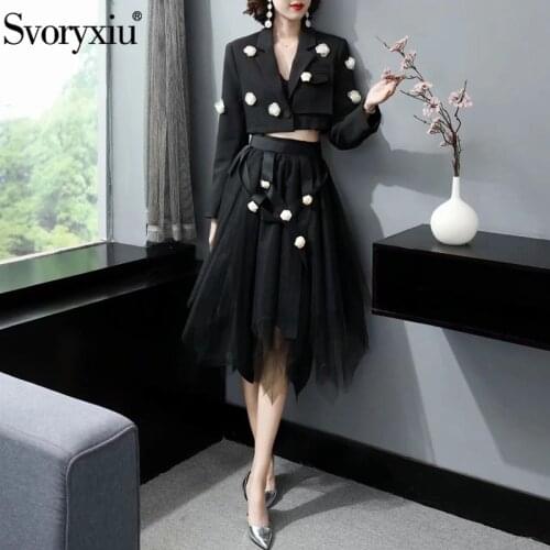 Svoryxiu Runway Designer Autumn Black Skirt Suit Womens Long Sleeve Applique Short Blazer + Mesh Asymmetrical Skirt Sets